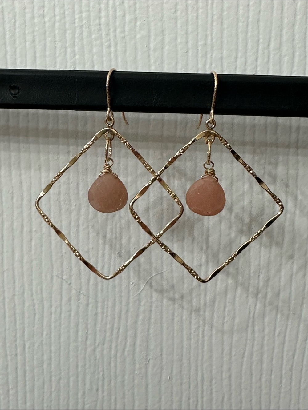 14k Gold-Filled Earrings Diamond Shape Peach Moonstone Gemstones 2.25” NWOT